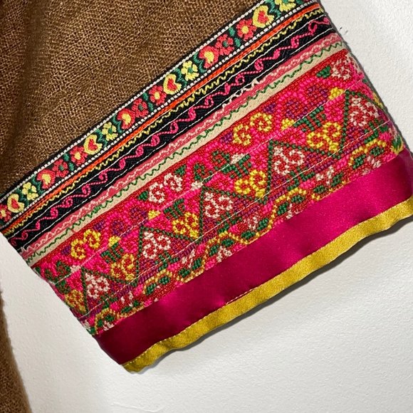 IBU Movement Embroidered Cropped Linen Brown Jacket Handmade - Picture 12 of 16